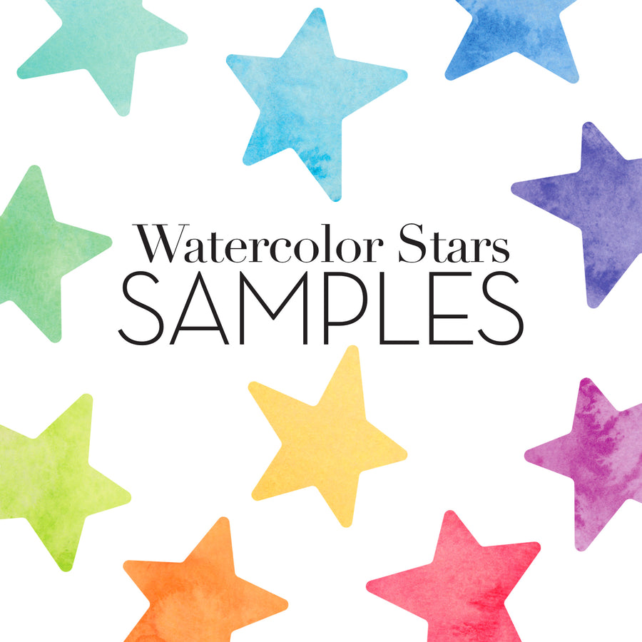 Colorful watercolor star samples in various shades including green, blue, purple, yellow, orange, and pink, arranged around text reading "Watercolor Stars SAMPLES" in elegant typography, perfect for previewing wall sticker options