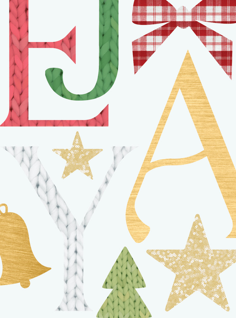 Close-up of holiday word wall stickers featuring Joy lettering with knitted patterns, gold stars, a bell, tree, and a red plaid bow in a festive style