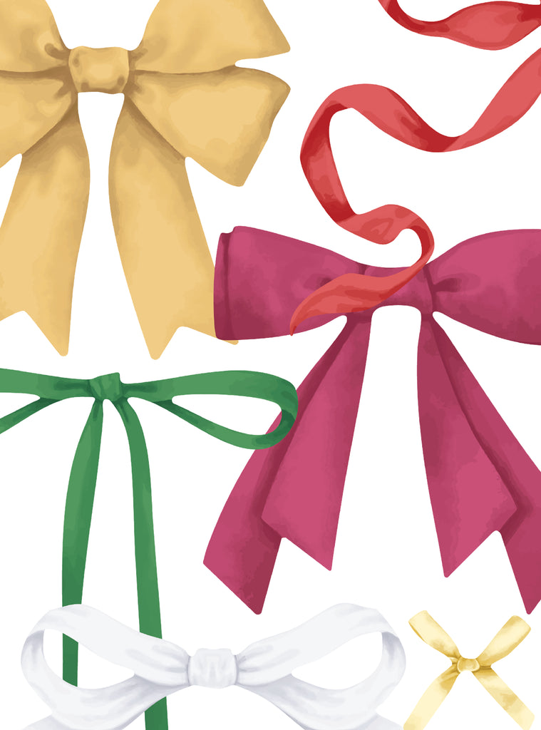 Various holiday ribbons stickers in gold, red, green, white, and pink creating a festive decorative look for walls or gifts.