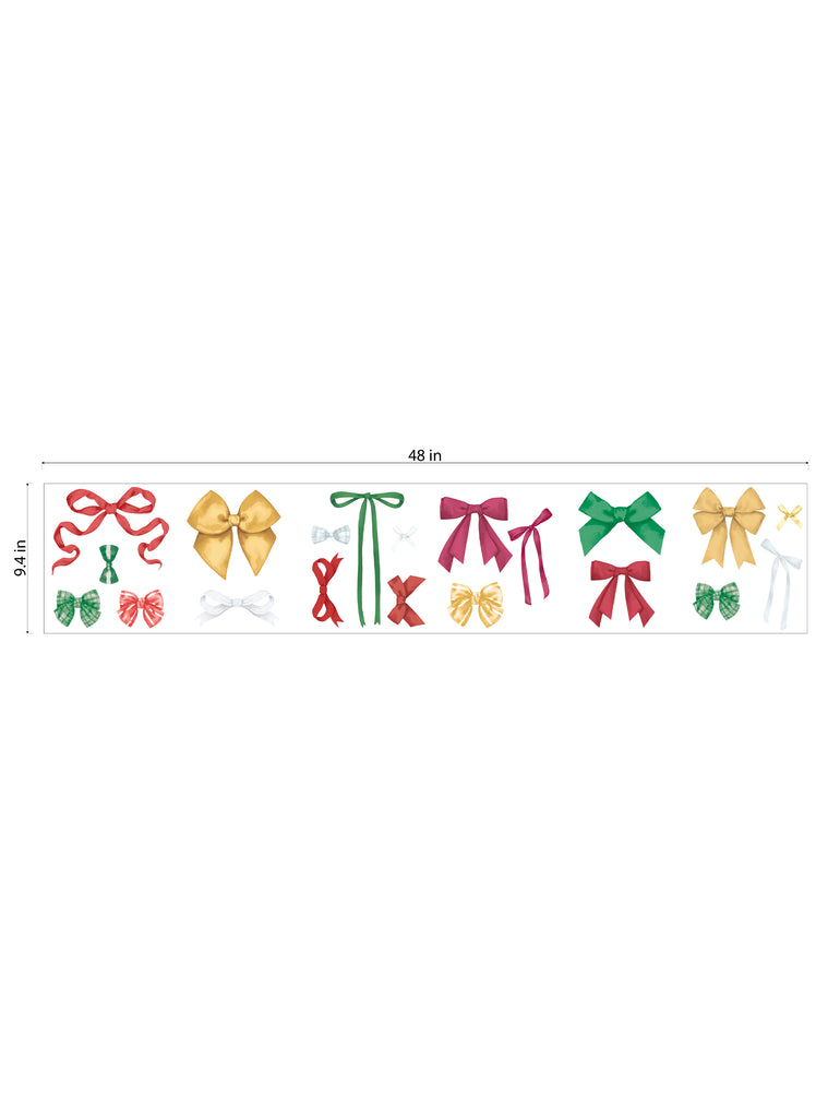 Set of 20 festive holiday ribbon stickers in red, green, gold, white, and pink perfect for gift wrapping or wall decoration.