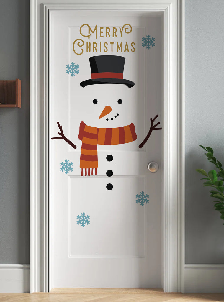 Festive snowman wall sticker with scarf, hat, buttons, arms, snowflakes, and Merry Christmas text for holiday decoration