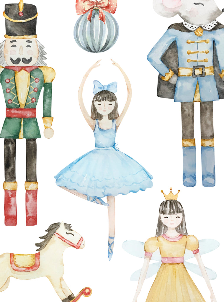 Watercolor style Nutcracker Ballet characters including a soldier, ballerina, mouse, rocking horse, and fairy princess in festive poses