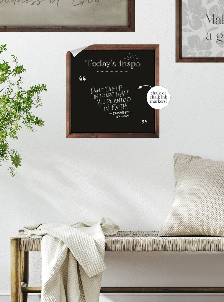 Chalkboard wording wall sticker with inspirational quote displayed in a cozy living space featuring natural decor elements.