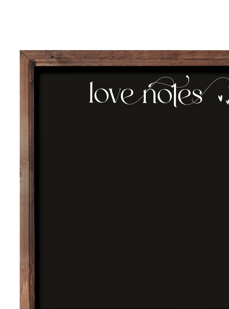 Decorative chalkboard wall sticker reading love notes in elegant script with a rustic wooden frame for creative writing spaces