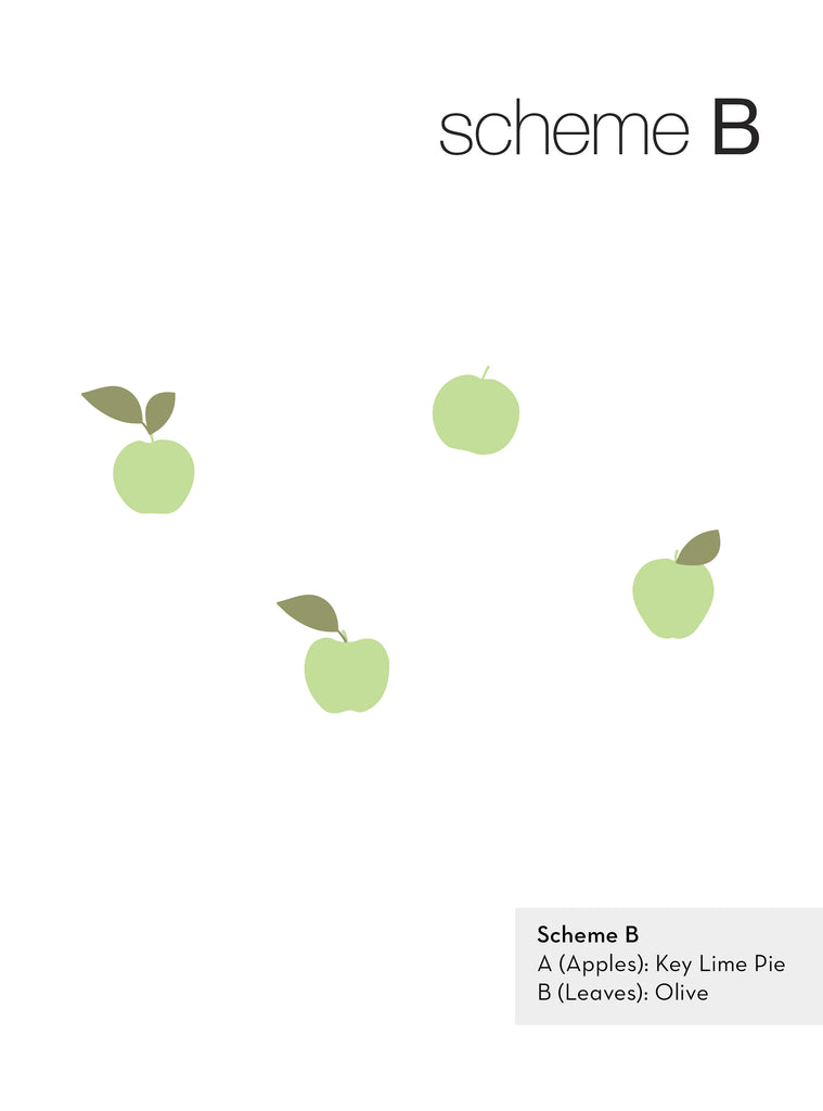 Light green apple wall decals with olive green leaves arranged in a simple pattern labeled scheme B for classroom or kids’ room decor.