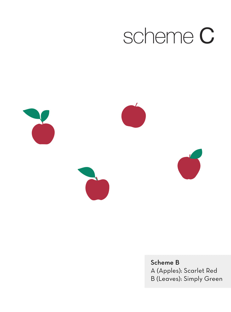 Minimalist design of red apple fruit wall decals with green leaves shown in color scheme C for classroom or kids room decor