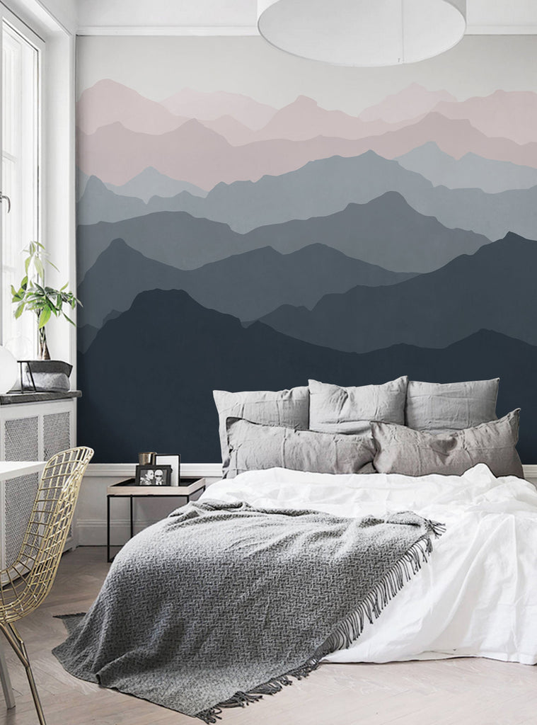 Mountain landscape in shades of grey, pink, and blue, creating a serene and calming atmosphere. Featured Collection, Top Sellers, Wall Murals, Peel and Stick Wallpaper, Nature Wallpaper, Kids and Baby Nursery Wallpaper, Nature Murals, Scenery Murals, Kids Murals, All Products, Wallpaper and Murals.