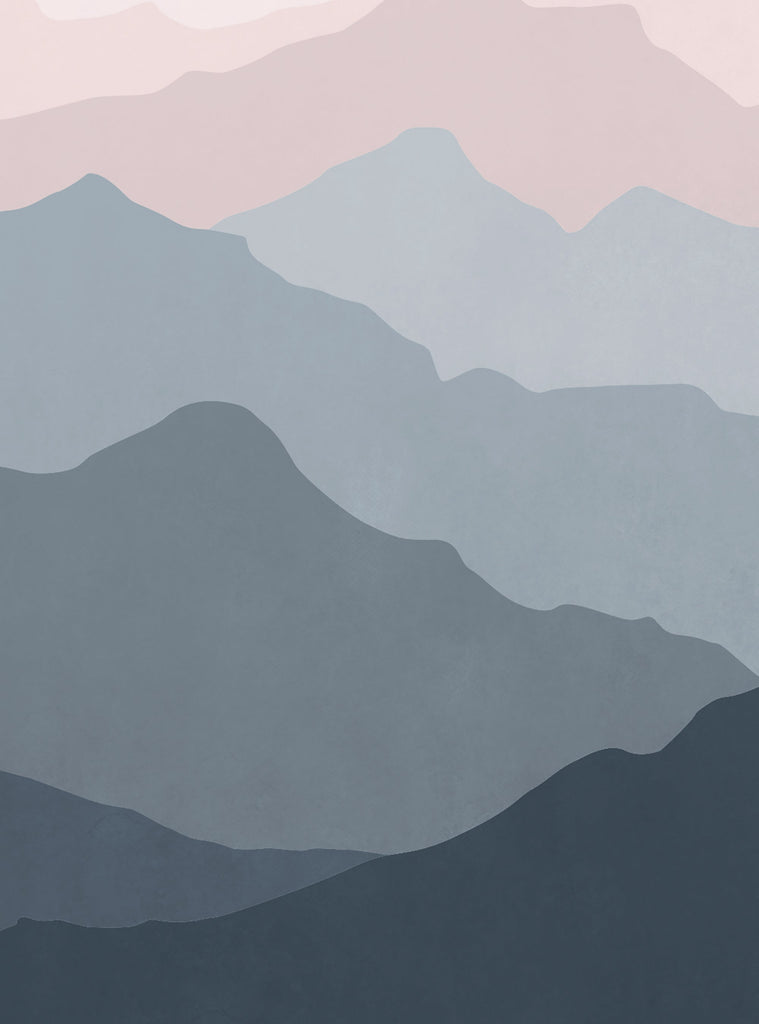 Mountain landscape with layered silhouettes of mountains in shades of gray, blue, and pink, Featured Collection,Top Sellers,Wall Murals,Peel and Stick Wallpaper,Nature Wallpaper,Kids and Baby Nursery Wallpaper,Nature Murals,Scenery Murals,Kids Murals,All Products,Wallpaper and Murals
