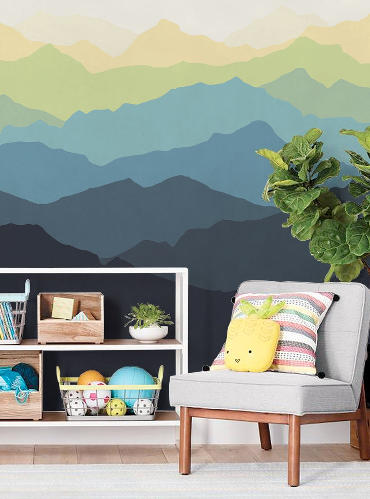 Detailed image of mountains and greenery, creating a serene and tranquil atmosphere, ideal for a modern nursery, Featured Collection, Top Sellers, Wall Murals, Peel and Stick Wallpaper, Nature Wallpaper, Kids and Baby Nursery Wallpaper, Nature Murals, Scenery Murals, Kids Murals, All Products, Wallpaper and Murals.