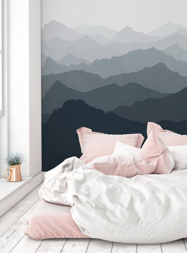 Serene mountain landscape in shades of gray and black, creating a tranquil and atmospheric scene. Featured Collection,Top Sellers,Wall Murals,Peel and Stick Wallpaper,Nature Wallpaper,Kids and Baby Nursery Wallpaper,Nature Murals,Scenery Murals,Kids Murals,All Products,Wallpaper and Murals