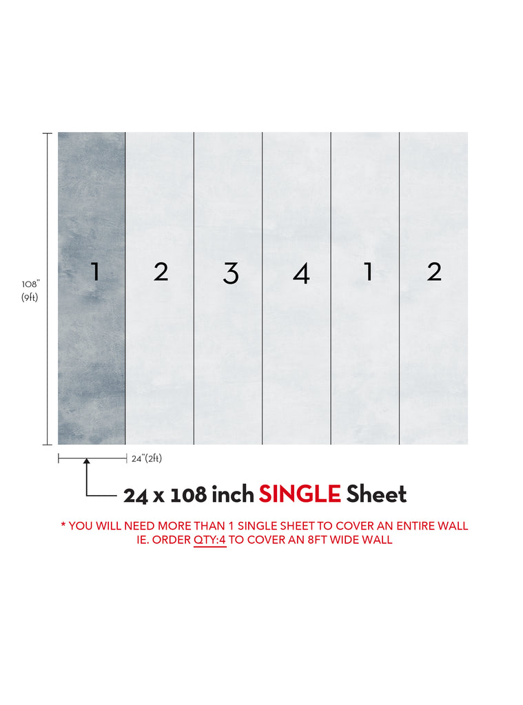 Measurements and layout guide for Venetian Plaster Faux Texture Wall Mural single 24 by 108 inch sheet from wallpaper collection.