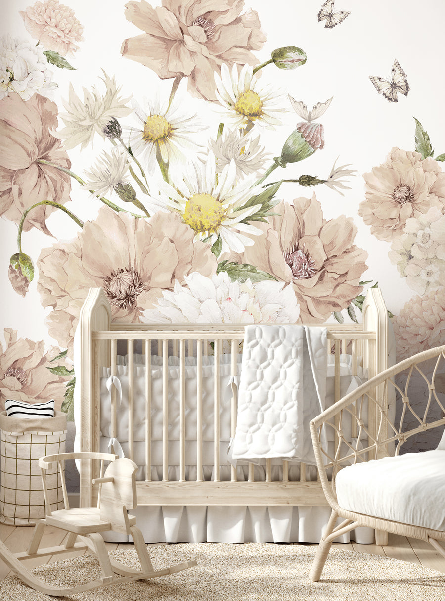 Vintage Meadow Floral Mural Wall Art Wallpaper with soft blush flowers and butterflies, perfect for cozy nursery decor.