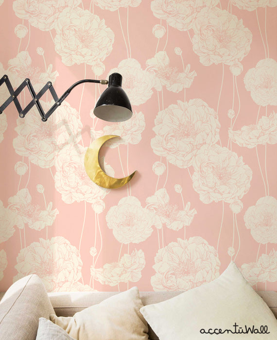 Peony wallpaper with delicate floral pattern in soft pink and beige tones, perfect for a cozy and stylish living space.