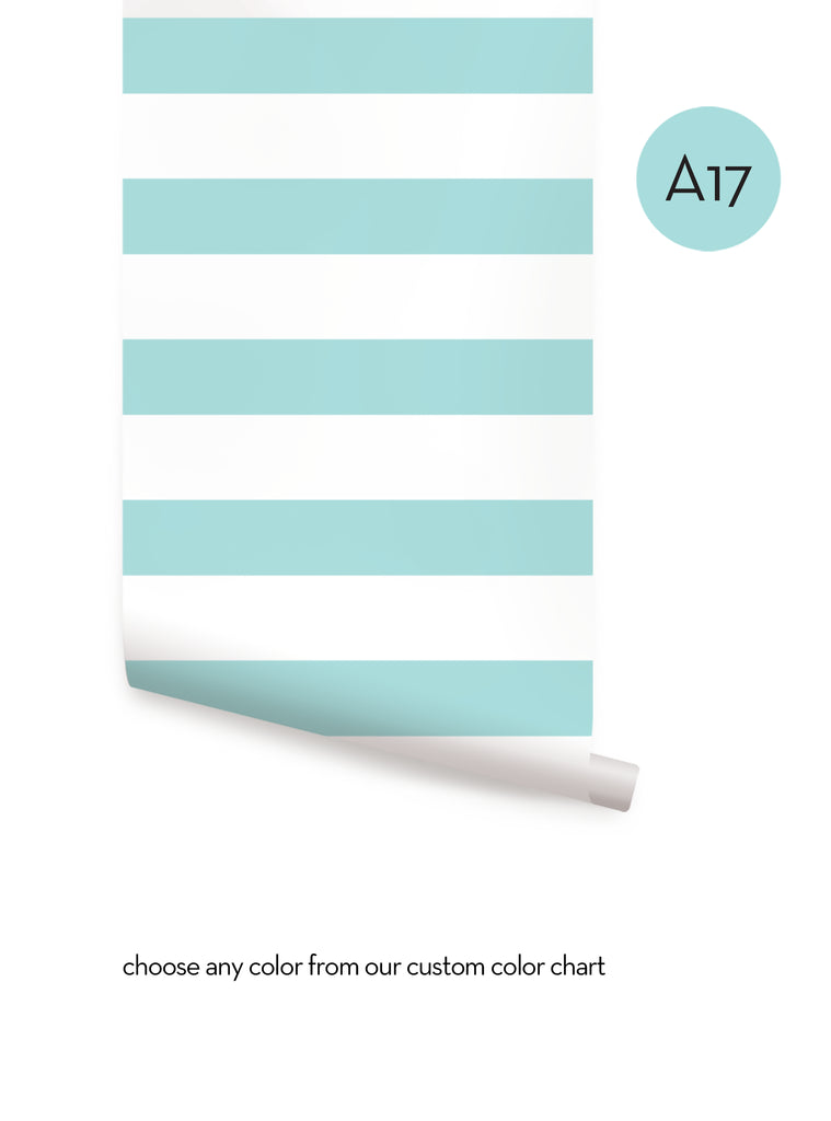 Rolled wallpaper sample with wide horizontal aqua and white stripes, part of a versatile home decor wallpaper collection.