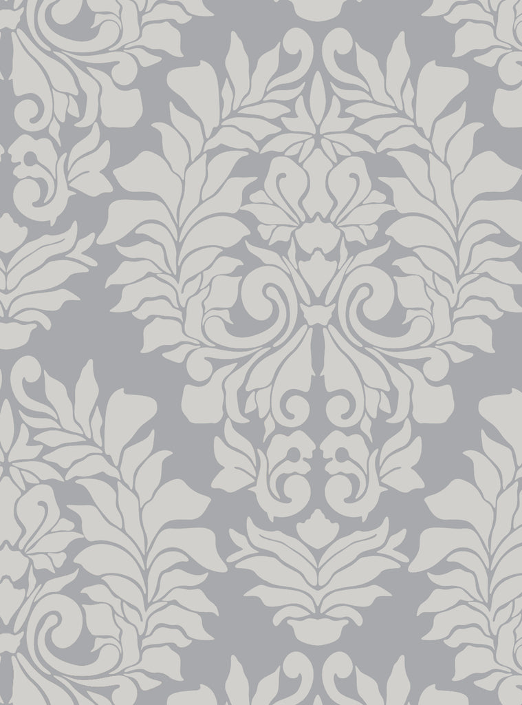 Elegant Damask Classic peel and stick wallpaper in soft grey, ideal for easy, residue-free home decor updates.