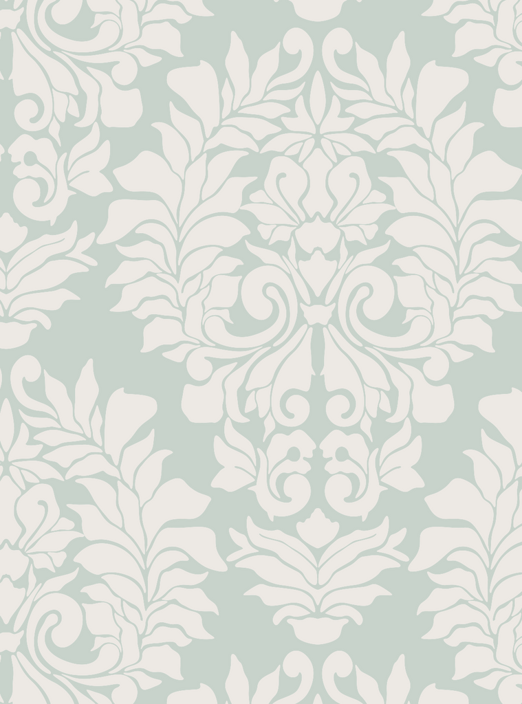 Elegant Damask Classic peel and stick wallpaper in soft beige and green tones, perfect for easy remodeling and repositioning.