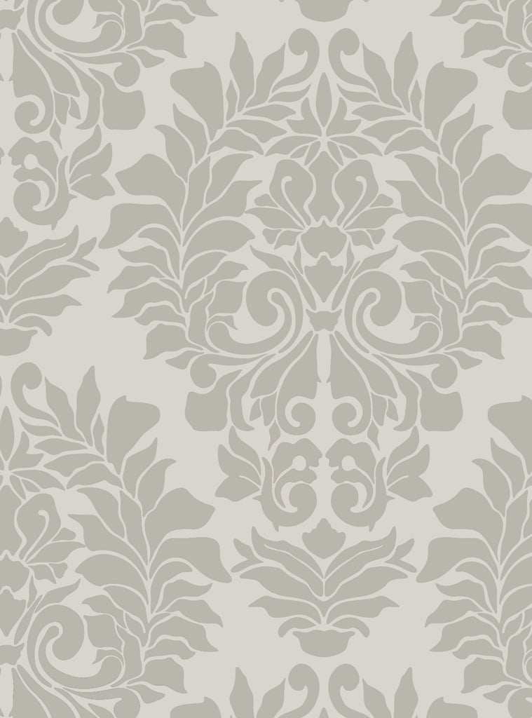 Elegant beige damask classic peel and stick wallpaper with intricate floral and scroll patterns for easy decorating and repositioning