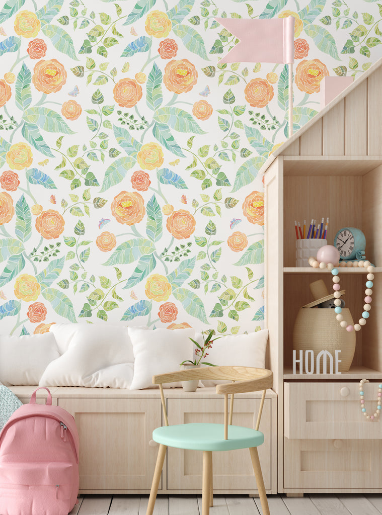 Bright spring garden flowers wallpaper in pastel pink and citrus shades perfect for a cheerful, nature-inspired kids nursery or playroom wall decor