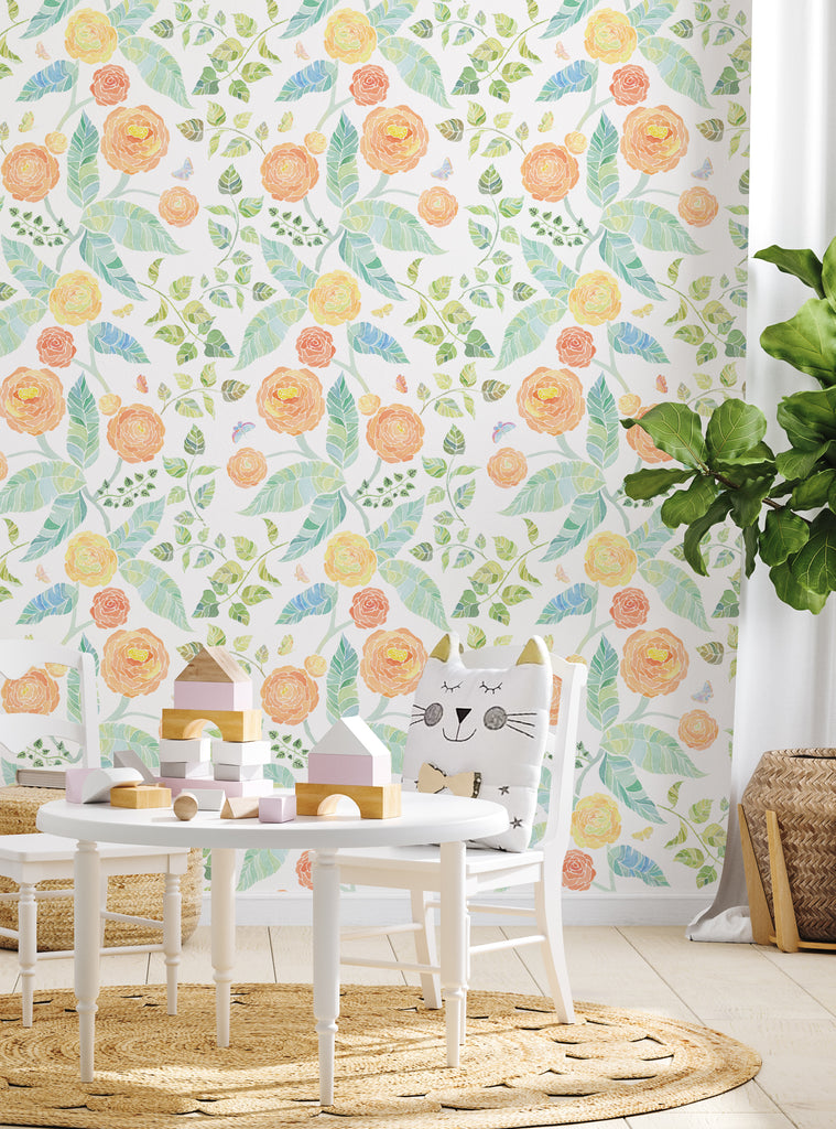 Bright and cheery spring garden floral wallpaper in yellow and orange hues in a cozy kids room with playful decor