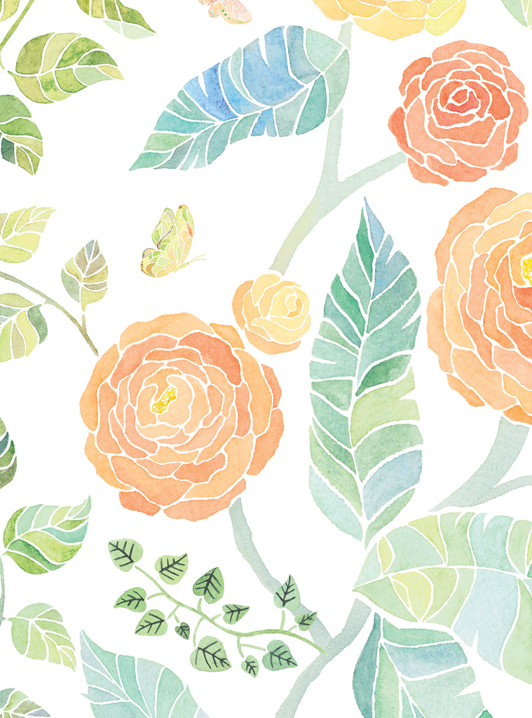Watercolor style floral wallpaper with pastel orange roses, green and blue leaves, and small butterflies for a bright nature-inspired room decor.