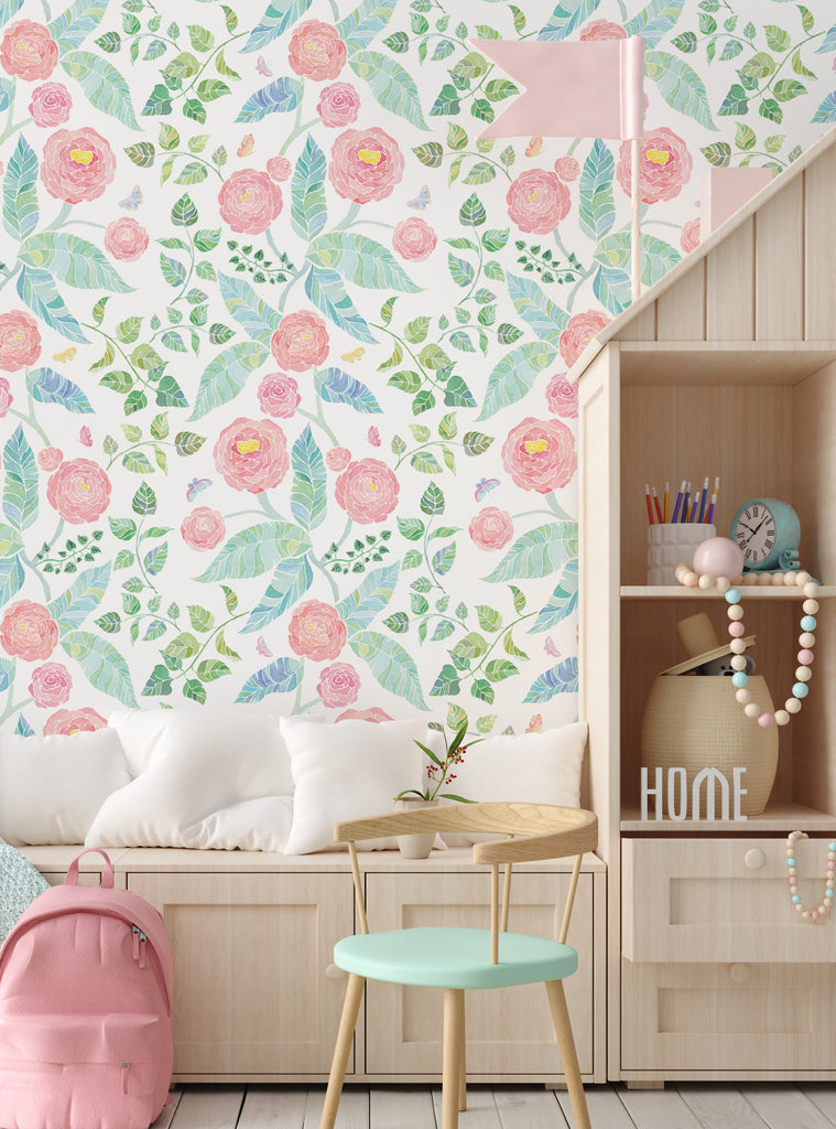 A cozy room corner featuring Spring Garden Flowers Wallpaper with pink blossoms and green leaves perfect for kids and baby nursery decor.