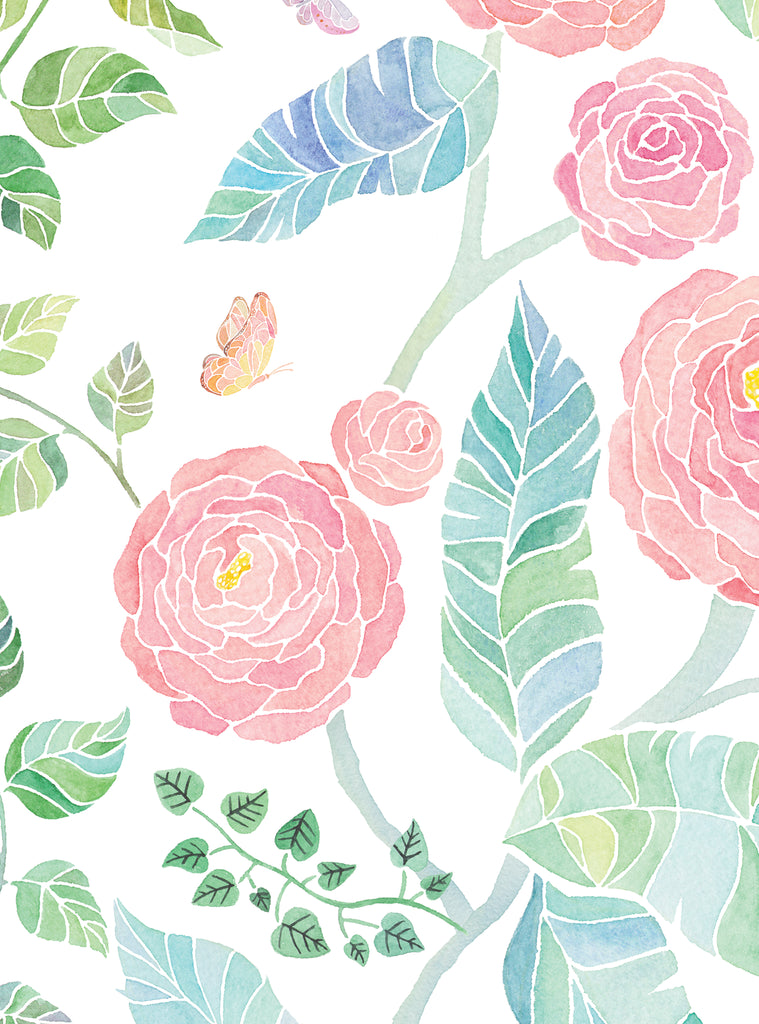 Watercolor style spring garden flowers wallpaper with pink blossoms and pastel green and blue leaves in a floral pattern