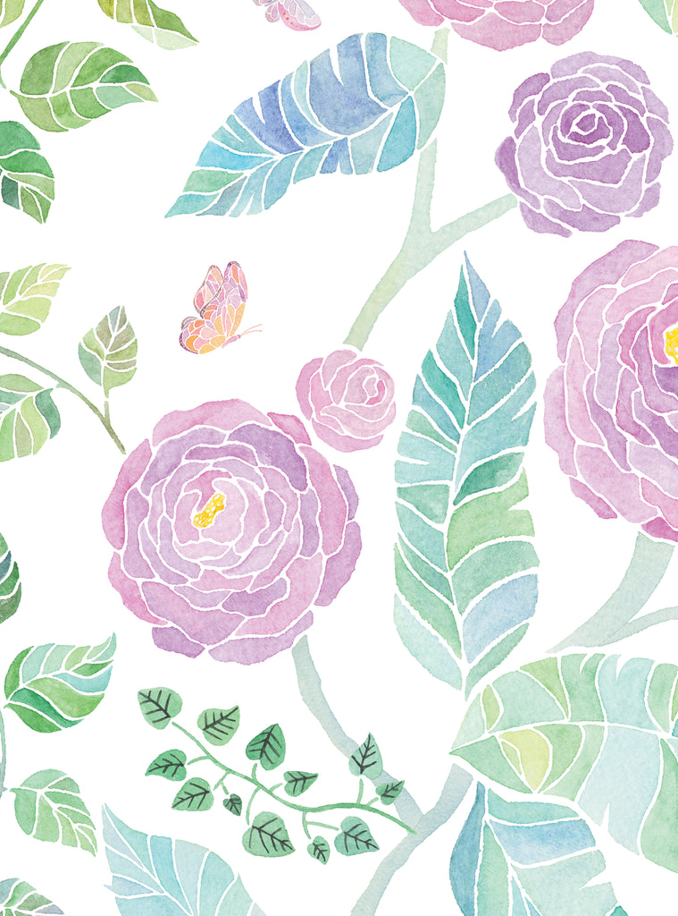 Delicate pastel floral wallpaper with soft purple blossoms and green-blue leaves, perfect for brightening up any room with a nature theme