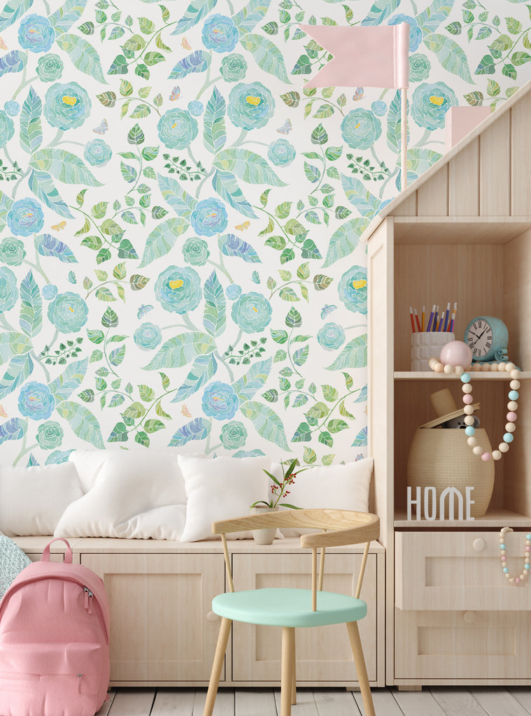 Bright floral wallpaper with blue and green flowers in a cozy kids room featuring playful decor and soft seating area