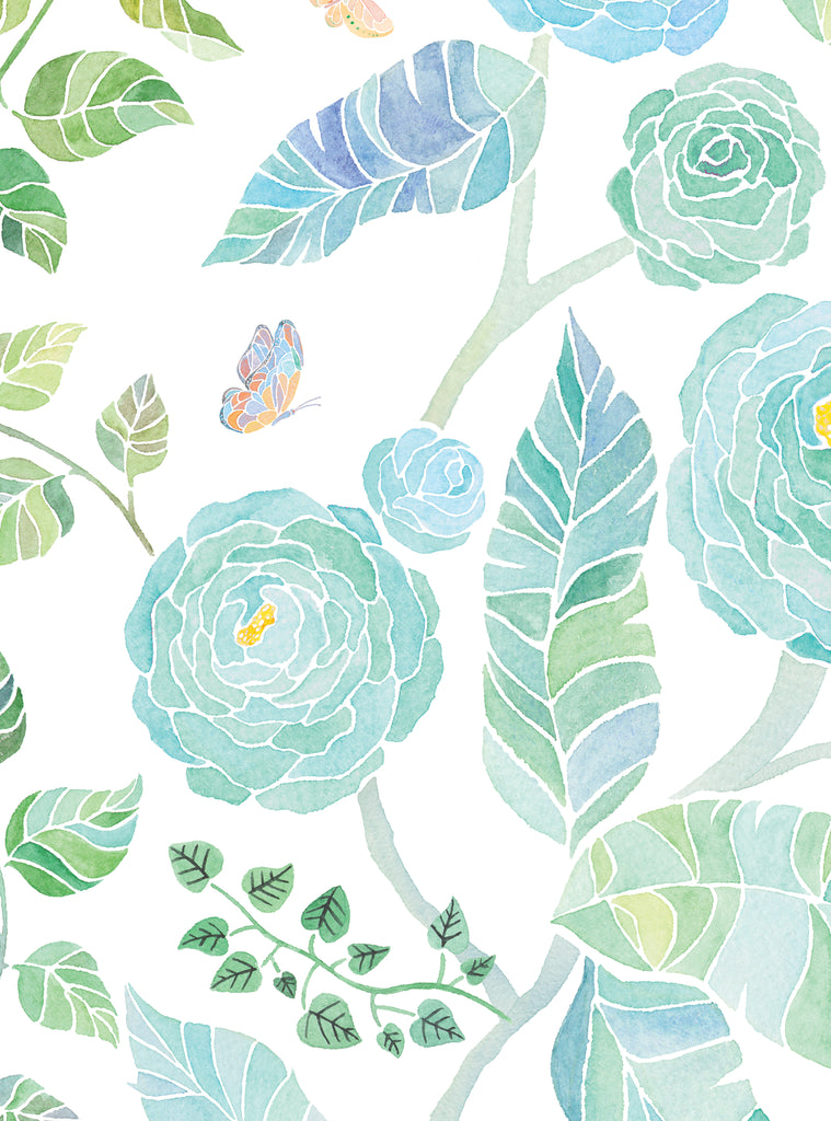 Delicate watercolor floral wallpaper with soft blue and green leaves and flowers, perfect for brightening any room in a casual style