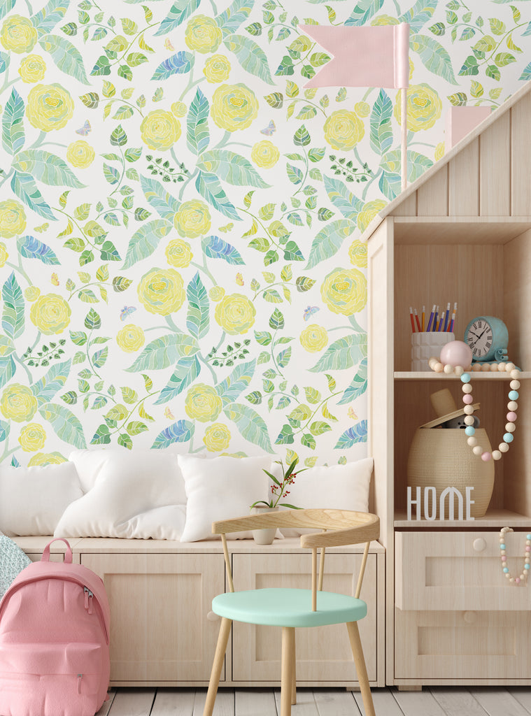 Bright spring garden floral wallpaper in yellow and green shades adding cheerful nature-inspired charm to kids or baby nursery rooms