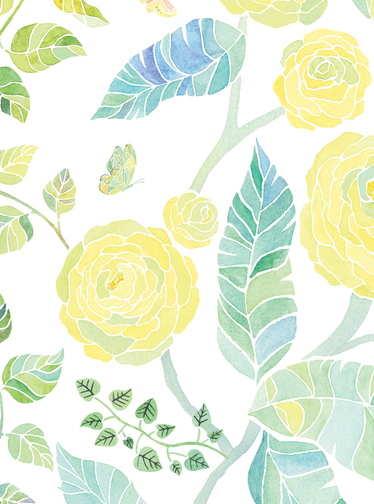 Watercolor style floral wallpaper with yellow roses and blue-green leaves perfect for brightening rooms with a fresh spring garden feel