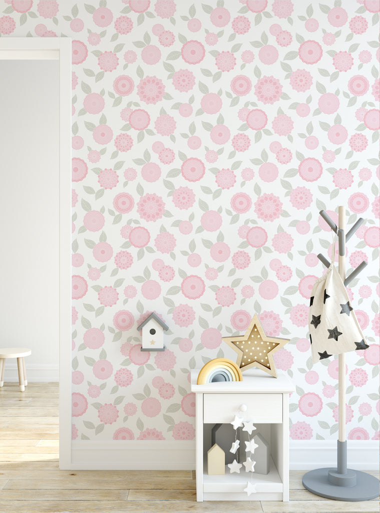 Modern Flowers wallpaper with soft pink floral pattern in a kids nursery featuring playful, casual nature wallpaper design