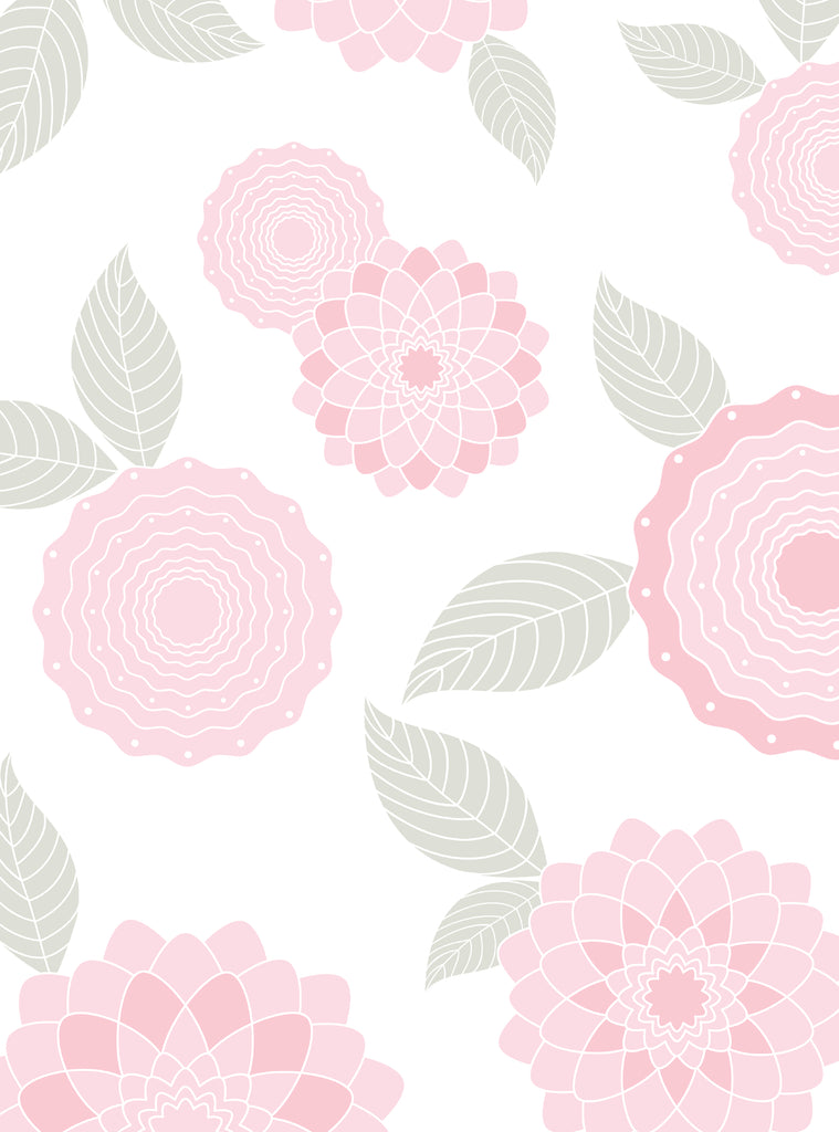 Modern Flowers wallpaper featuring soft pink floral patterns and light gray leaves on a white background for a fresh look.