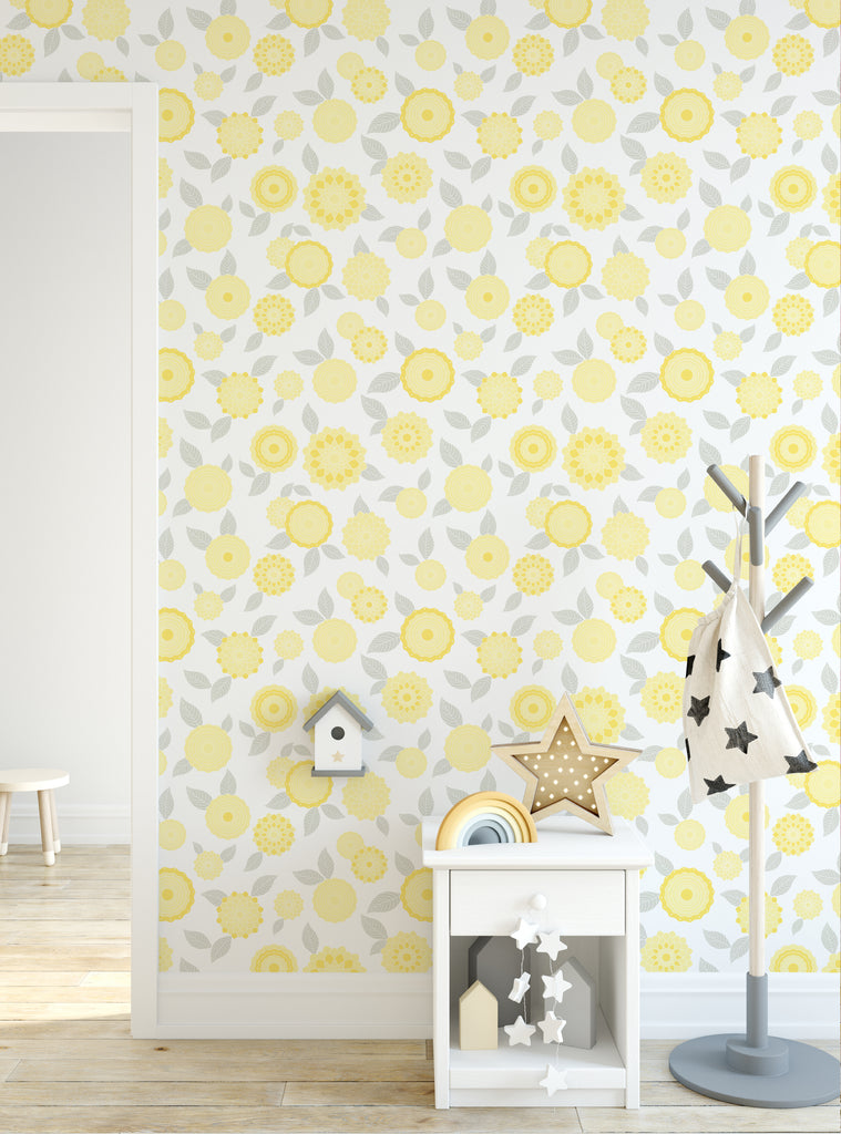 Modern Flowers wallpaper in a kids nursery setting with yellow floral pattern and playful decorative accents on white wall