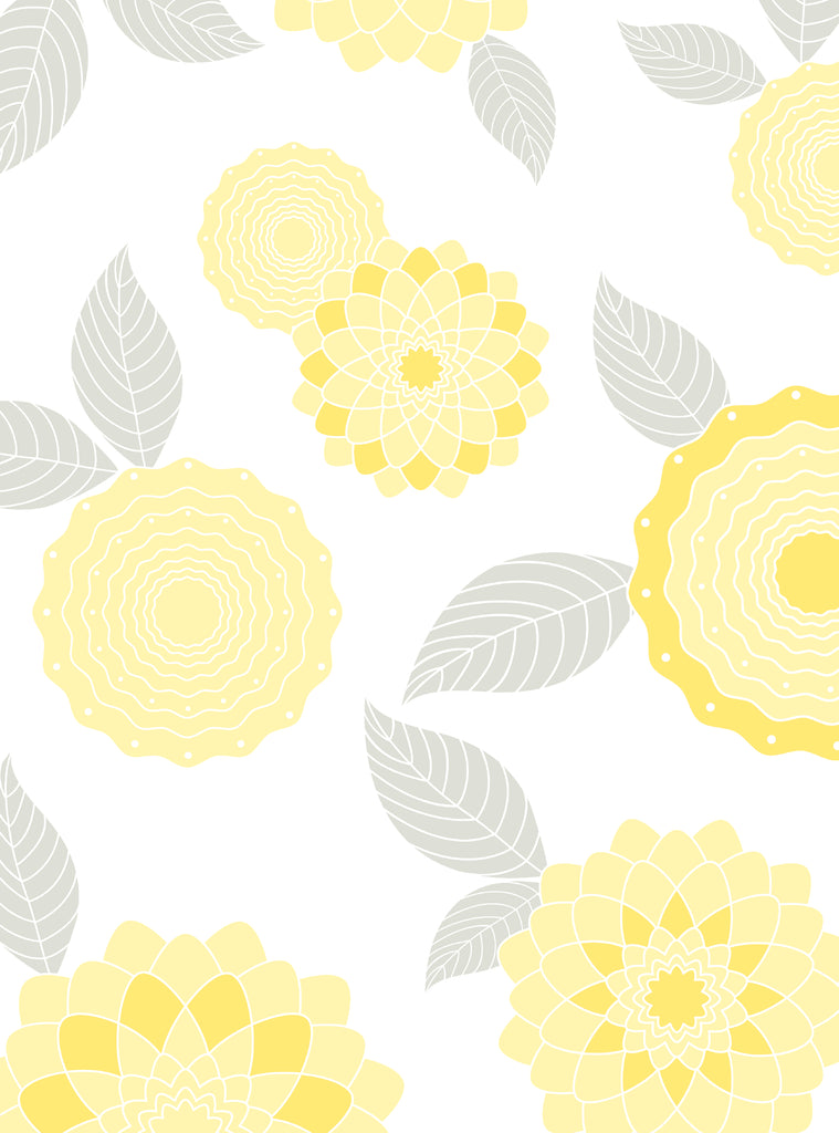 Modern flowers wallpaper featuring soft yellow blooms and muted gray leaves in a nature-inspired pattern for a fresh look