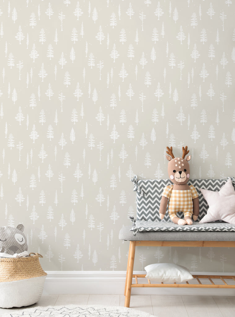 Cozy kids room featuring Tree With Birds wallpaper in soft beige tones with playful stuffed animals and comfy seating from Nature Wallpaper collection