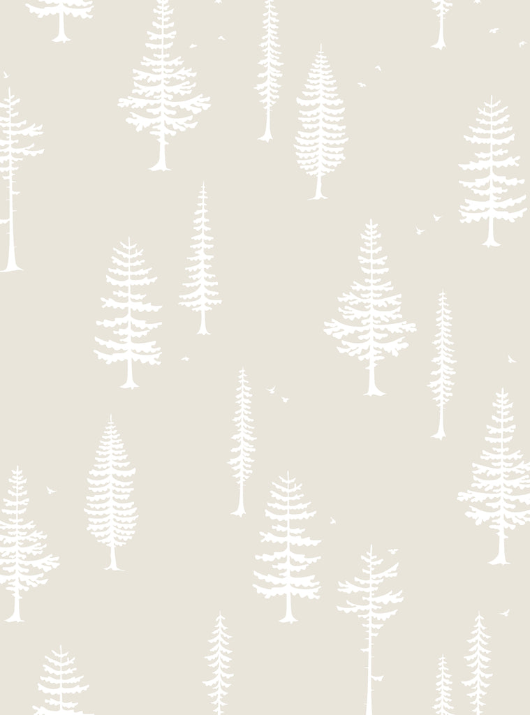 Subtle nature wallpaper featuring white tree and bird silhouettes on soft beige background, perfect for nursery or kids room decor