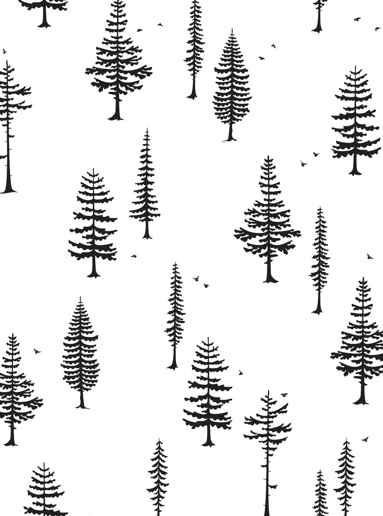 Nature-inspired Tree With Birds wallpaper with black and white tree silhouettes, ideal for kids and baby nursery spaces.