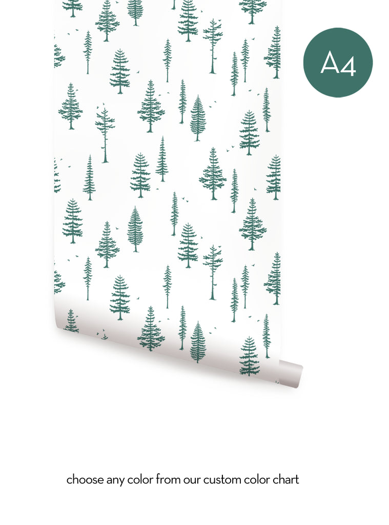 Peel-and-stick Tree With Birds wallpaper featuring green tree silhouettes on white, ideal for kids nursery or nature decor collections.
