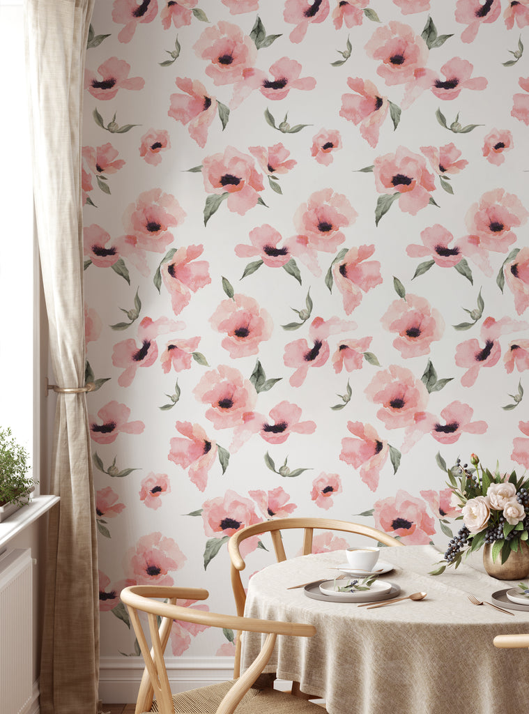 Dining area showing watercolor poppy flowers wallpaper in soft pink and green, adding a fresh nature-inspired look to the space