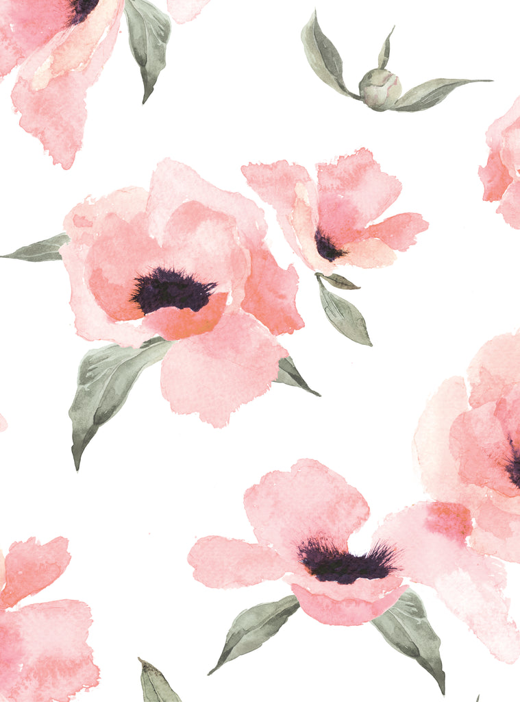 Soft watercolor poppy flowers in pink and green leaves creating a delicate floral wallpaper for bedrooms or nurseries