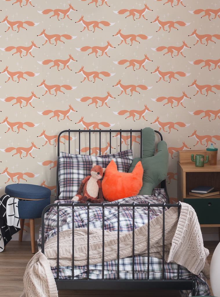 Child’s bedroom with playful fox animal wallpaper from Fall 2025 Collection, featuring peel-and-stick design behind bed and cozy decor.