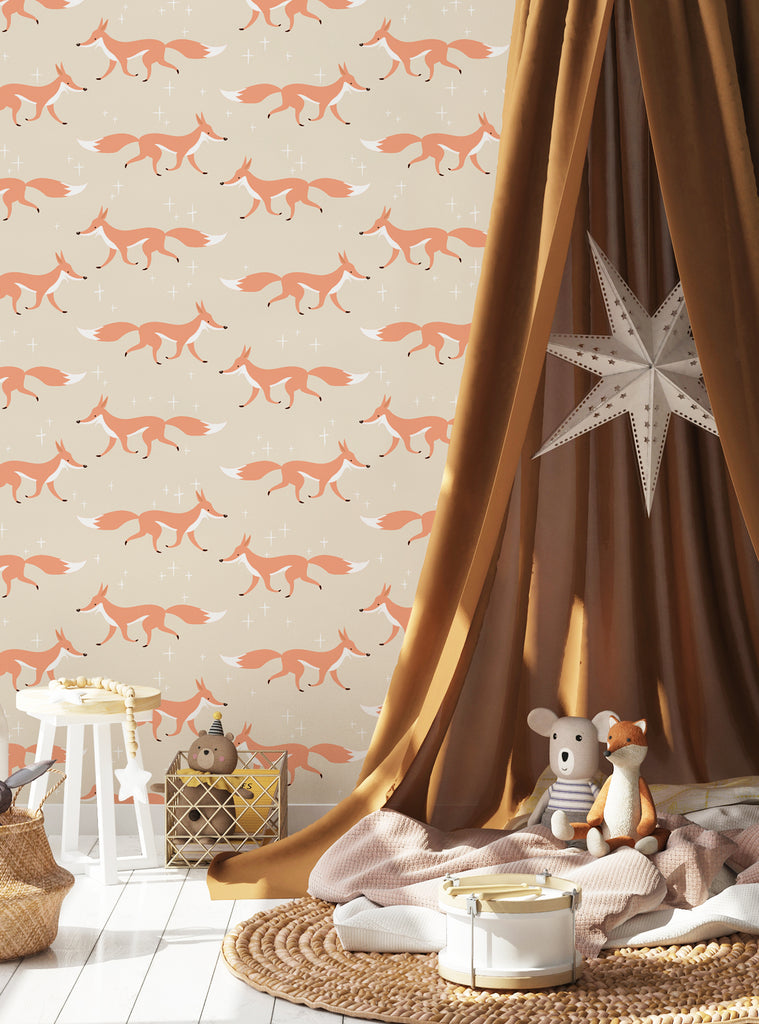 Playful kids nursery with Fox Animal Peel-and-Stick Wallpaper from Fall 2025 Collection and cozy decor elements