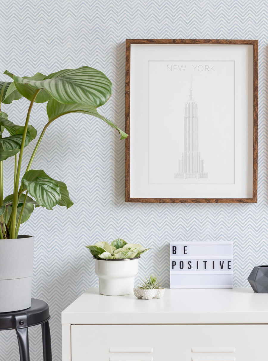 Elegant and modern chevron slate blue watercolor pattern on fabric peel and stick wallpaper, showcasing an eye-catching design that can be easily customized for small projects. Perfect for adding a touch of trendy style to dorm rooms, desks, or as a zoom backdrop. Clearance Wallpaper Sticker - OFF PRINTS, Dorm Room Ideas and Trends.