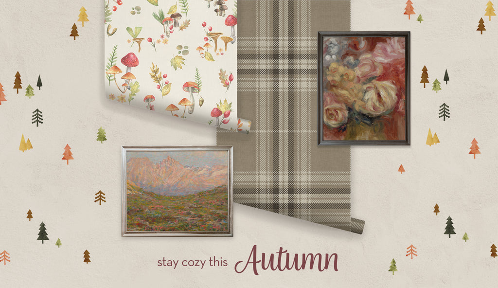 Two patterned fabrics with framed paintings displayed on a cozy autumn-themed background with small tree illustrations.