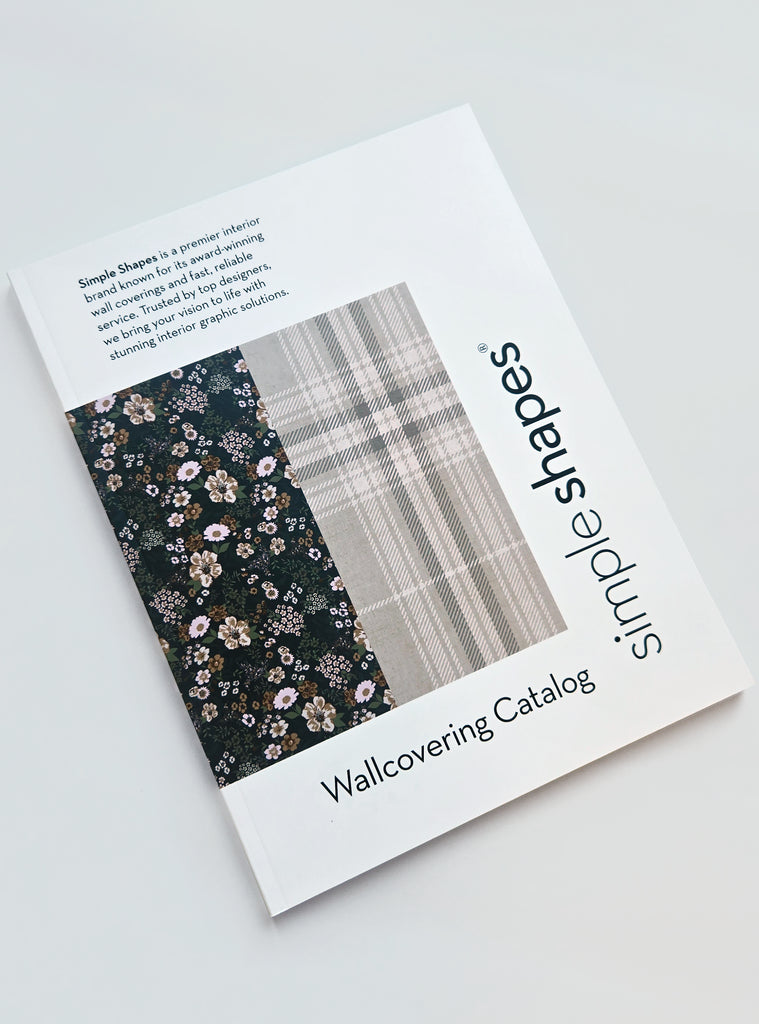 Simple Shapes wallcovering catalog featuring floral and plaid wallpaper samples for easy interior design inspiration and installation tools.