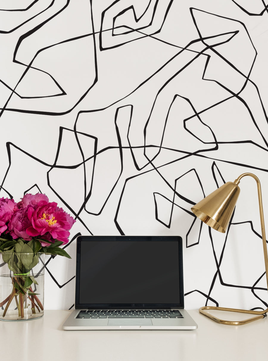 Entangled lines of contemporary elegance grace this abstract peel and stick mural, creating a bold yet casual design that will elevate any room. This visually striking pattern repeats seamlessly across multiple panels, offering a versatile solution to transform your walls with style. Featured Collection, Top Sellers, Wall Murals, Peel and Stick Wallpaper, Abstract Murals and Wallpaper, All Products, Wallpaper and Murals, Dorm Room Ideas and Trend