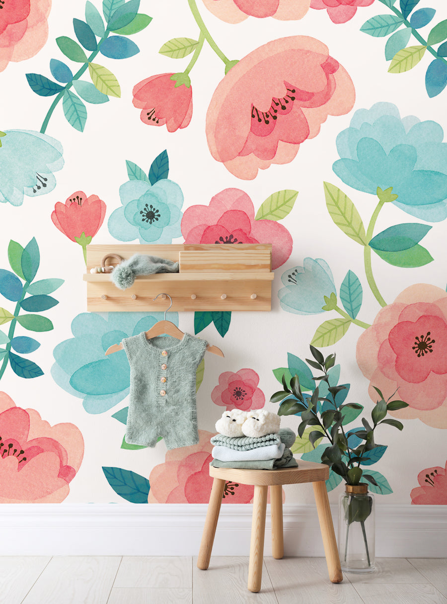 Vibrant watercolor floral mural adorns nursery wall, featuring large blooms in shades of pink, coral, and aqua with lush greenery. This self-adhesive mural is perfect for adding a touch of natural charm to any child's room or nursery. , Featured Collection,Top Sellers,Wall Murals,Peel and Stick Wallpaper,Floral Wallpaper,Kids and Baby Nursery Wallpaper,Floral Murals,Kids Murals,All Products,Wallpaper and Murals