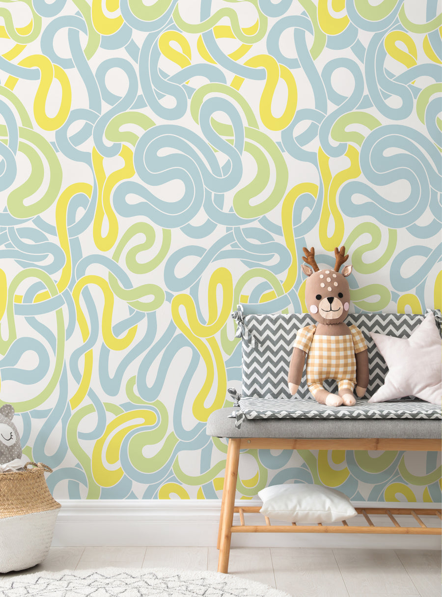 Vibrant and whimsical psychedelic patterns in soft shades of blue, yellow, and gray adorn this Seamless String Kids Peel and Stick Wallpaper, creating a playful and modern backdrop for any space. Its lively design features a tangle of organic, flowing shapes that add a fun and groovy touch to walls, perfect for adding a touch of personality to a kids' room, nursery, or any area in need of a cheerful accent. , Featured Collection,Top Sellers,Peel 
