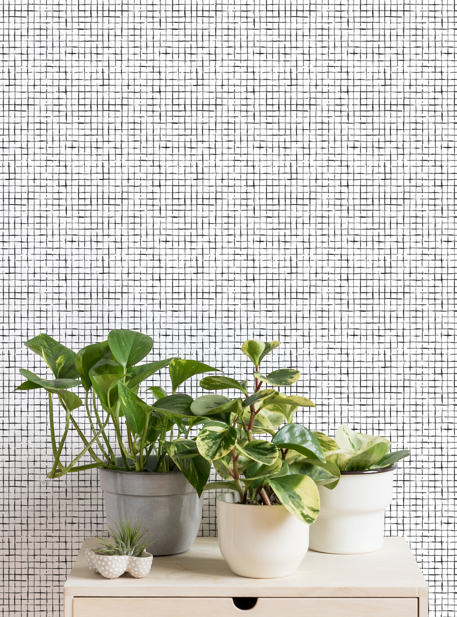 Detailed description of the crosshatch peel and stick wallpaper: The image showcases a clean, geometric crosshatch pattern in a minimalist, tiled design. The inked, monochrome look adds a unique and modern touch to any space. This versatile wallpaper is available in four colors, allowing you to accent various areas of your home. , Featured Collection,Top Sellers,Peel and Stick Wallpaper,Kids and Baby Nursery Wallpaper,All Products,Unpasted Wallpa